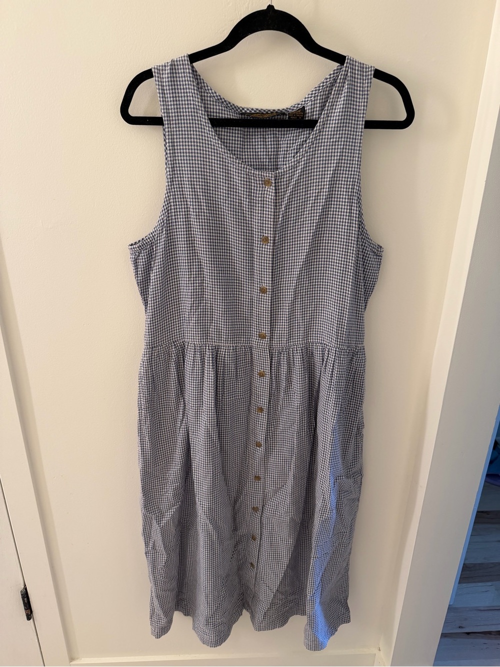 Vintage Eddie Bauer Sleeveless Blue Gingham Button-Front Midi Dress petite